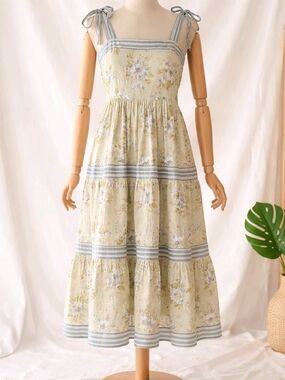 BY THE RIVER Floral Tiered Midi Dress Tie Shoulder Blue Stripe Cottagecore Large